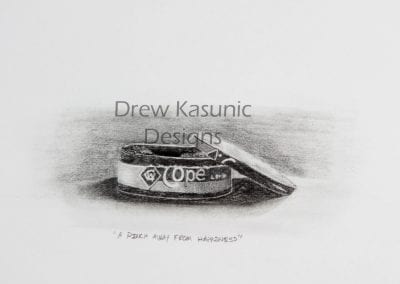 Drew Kasunic pencil drawing with shading of a can of Copenhagen.