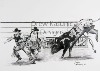 Beautiful hand =drawn in pencil western rodeo theme original of PBR Bullfighter Protecting